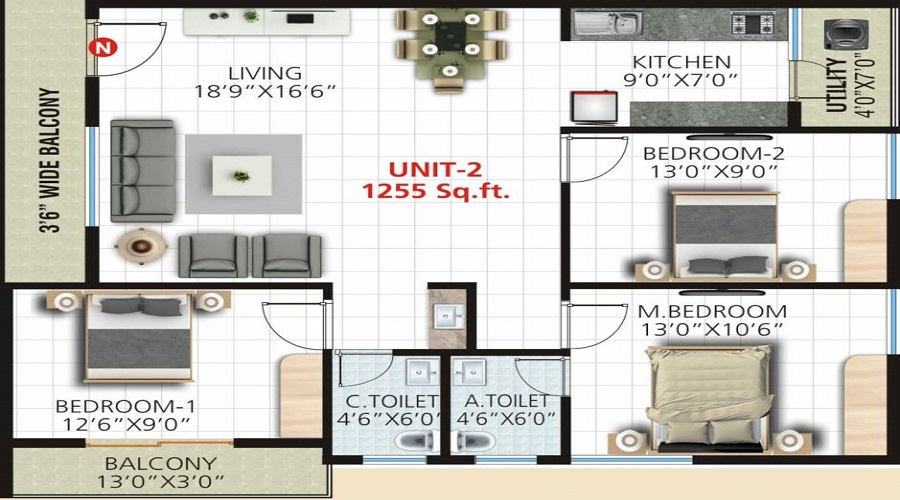 2 BHK+2T 1055/sqft-carpet Sqft Apartment For Sale In Urban Melody In JP Nagar Floor Plan