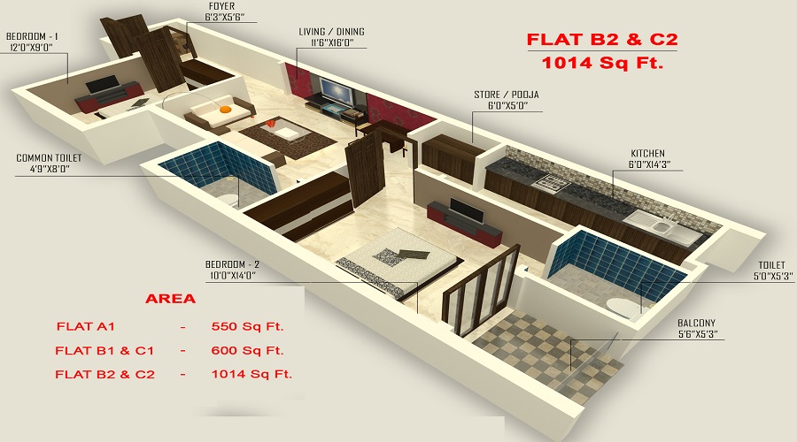 1 BHK+1T 600/sqft-saleable  Sqft Apartment For Sale In Mylai Meadow In Mylapore Floor Plan