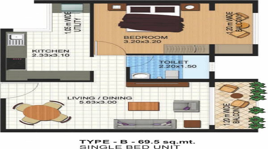 1 BHK+1T 608/sqft-saleable Sqft Apartment For Sale In Umiya Quatro C In Dabolim Floor Plan