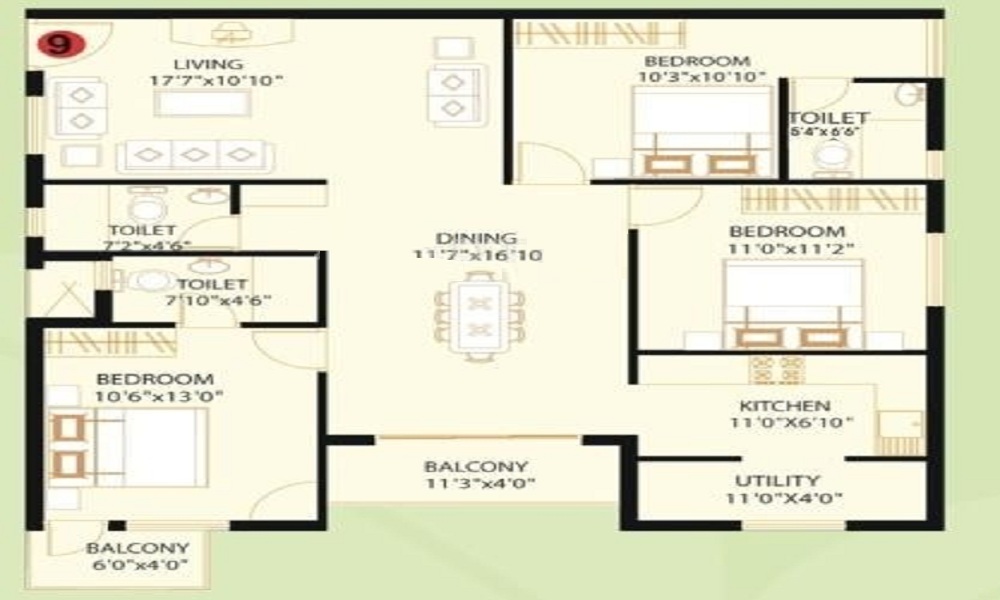 2 BHK+2T 985/sqft-saleable Sqft Apartment For Sale In Vijayasri Green Homes Golden Orchids In Bellandur Floor Plan