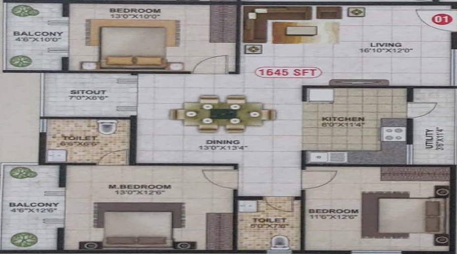 2 BHK+2T 1182/sqft-saleable  Sqft Apartment For Sale In Sri Balaji Monarch In Sarjapur Road Floor Plan