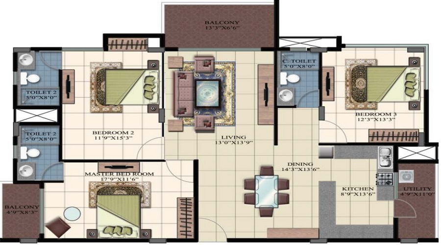 2 BHK+2T 1210/sqft-saleable  Sqft Apartment For Sale In Punnami Bilss Annex In Kasavanhalli Floor Plan