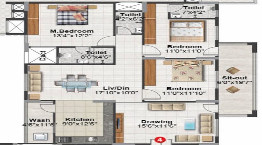 2 BHK+2T 1125/sqft-saleable  Sqft Apartment For Sale In Aavaas In Mahadevapura Floor Plan