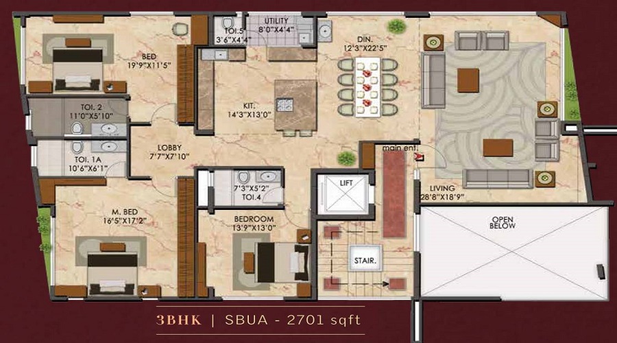 3 BHK+3T 2701/sqftsaleable sqft Apartment for Sale in Upscale in
