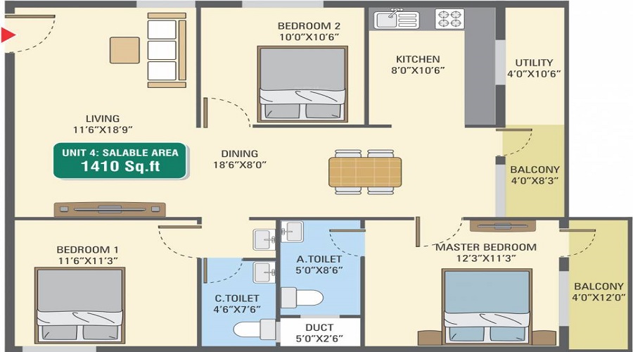 2 BHK+2T 1005/sqft-saleable  Sqft Apartment For Sale In Gardenia In Electronic City Phase 1 Floor Plan