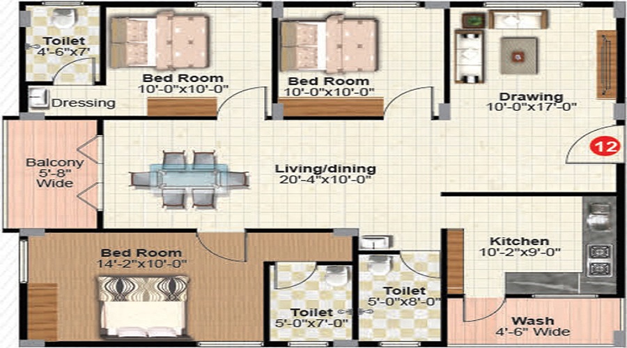 2 BHK+2T 1016/sqft-saleable  Sqft Apartment For Sale In Elite In Krishnarajapuram Floor Plan