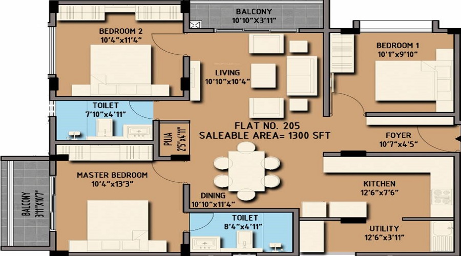 2 BHK+2T 1100/sqft-saleable  Sqft Apartment For Sale In Premier Krishna In JP Nagar Phase 7 Floor Plan