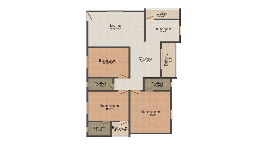 2 BHK+2T 940/sqft-saleable  Sqft Apartment For Sale In Vyshnavi Towers In Kadugodi Floor Plan