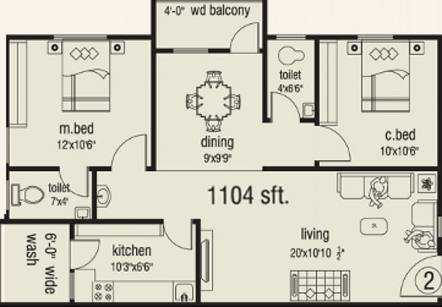 2 BHK+2T 1104/sqft-saleable  Sqft Apartment For Sale In Ocean Greens In Kurmannapalem Floor Plan