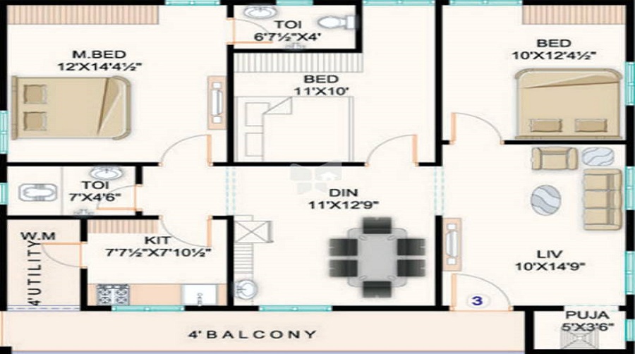 2 BHK+2T 1070/sqft-saleable  Sqft Apartment For Sale In MK Venus In Pothinamallayya Palem Floor Plan