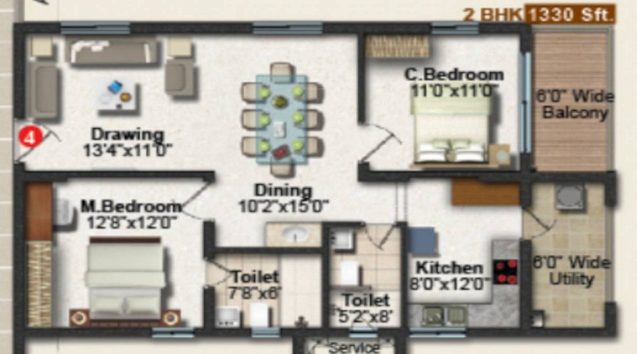 1 BHK+1T 970/sqft-saleable Sqft Apartment For Sale In Bliss I In Bandlaguda Jagir Floor Plan