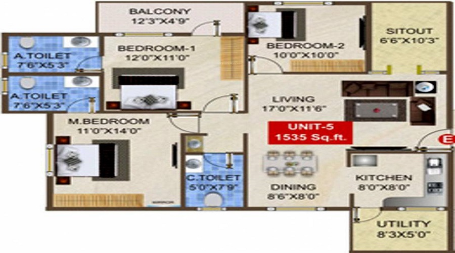 2 BHK+2T 1040/sqft-saleable  Sqft Apartment For Sale In Paradise In RR Nagar Floor Plan