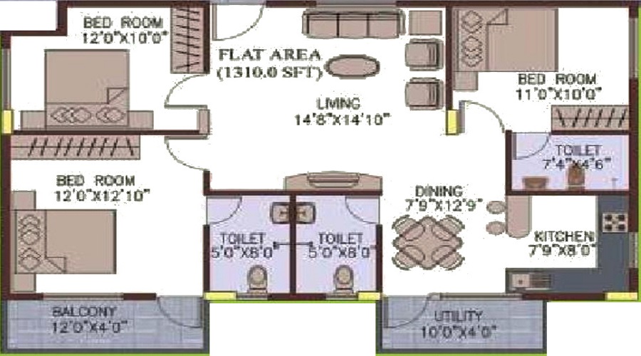 2 BHK+2T 1000/sqft-saleable  Sqft Apartment For Sale In Rose Garden In Yelahanka Floor Plan
