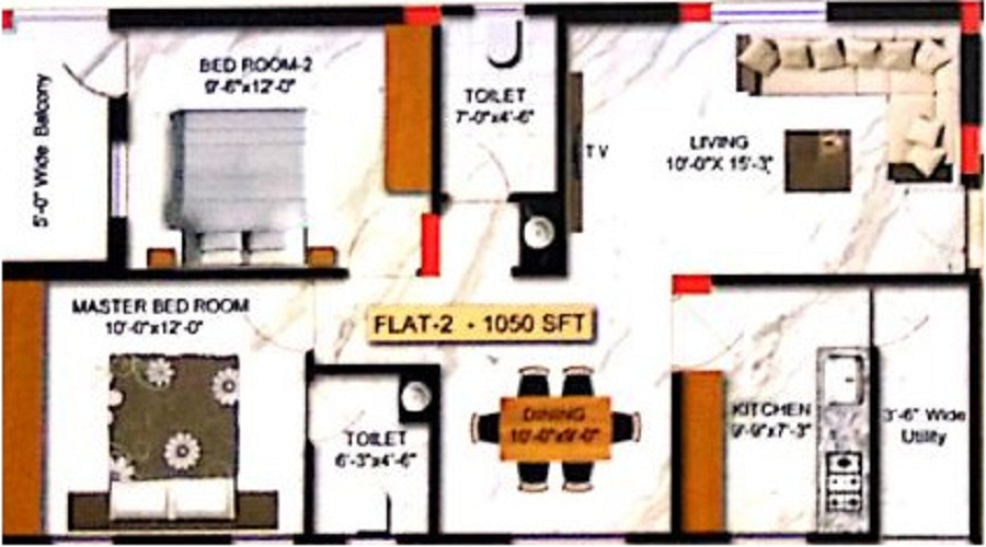 3 BHK+3T 1200/sqft-saleable Sqft Apartment For Sale In Shri Chakri Residency In Miyapur Floor Plan