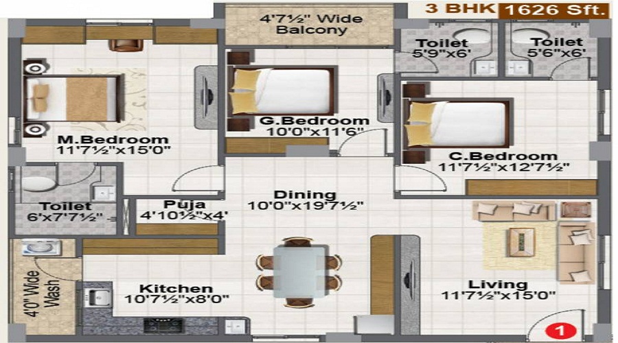 2 BHK+2T 1220/sqft-saleable Sqft Apartment For Sale In Tropicana In Narsingi Floor Plan