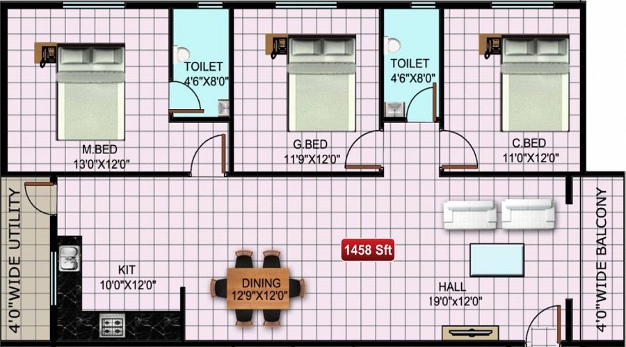 2 BHK+2T 1134/sqft-saleable  Sqft Apartment For Sale In Anand Residency In Sarjapur Road Floor Plan