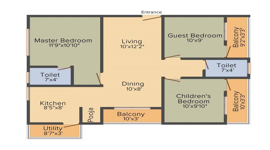 2 BHK+2T 940/sqft-saleable  Sqft Apartment For Sale In Vaastu Hill View III In RR Nagar Floor Plan