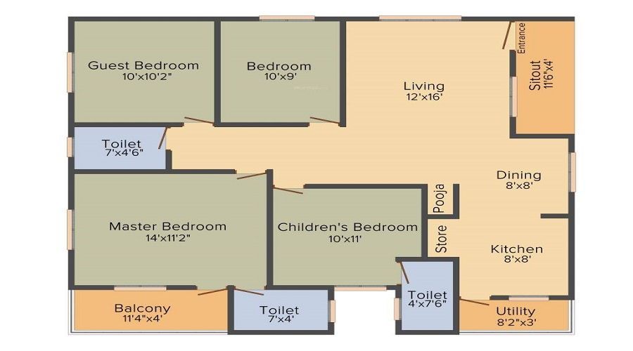 2 BHK+2T 940/sqft-saleable  Sqft Apartment For Sale In Vaastu Hill View III In RR Nagar Floor Plan
