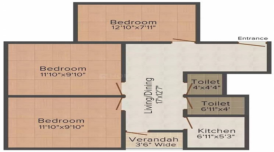 2 BHK+2T 800/sqft-saleable Sqft Apartment For Sale In Akash Ganga In Serampore Floor Plan