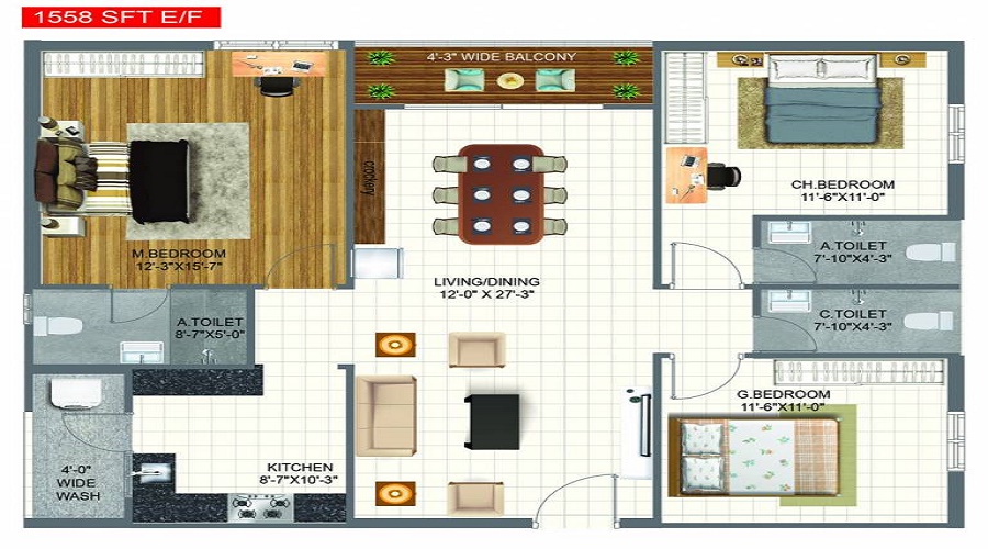 2 BHK+2T 1122/sqft-saleable  Sqft Apartment For Sale In Risinia Oyster In Bachupally Floor Plan