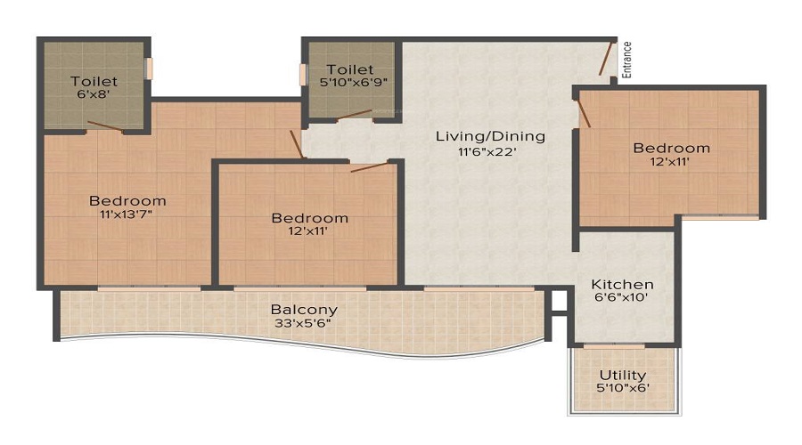 2 BHK+2T 1400/sqft-saleable  Sqft Apartment For Sale In BPTP Park Sentosa In Sector 77 Floor Plan