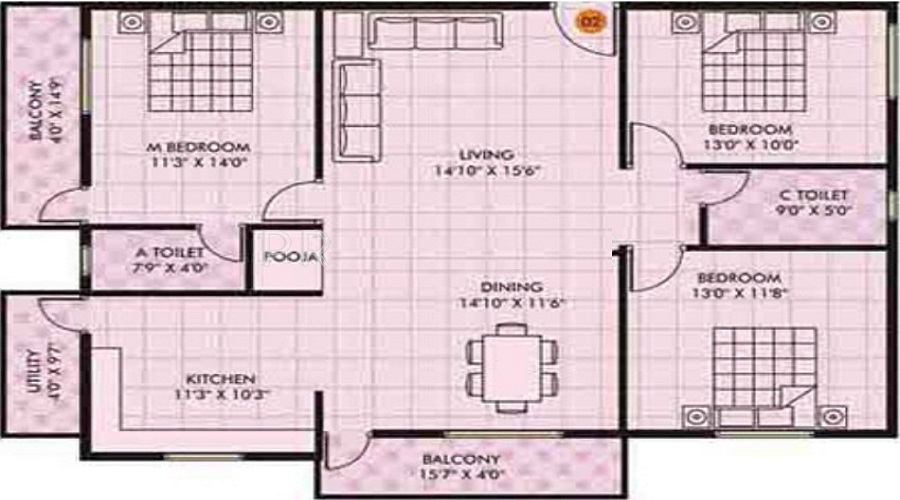 2 BHK+2T 1182/sqft-saleable  Sqft Apartment For Sale In Blue Stone White Orchid In Begur Floor Plan