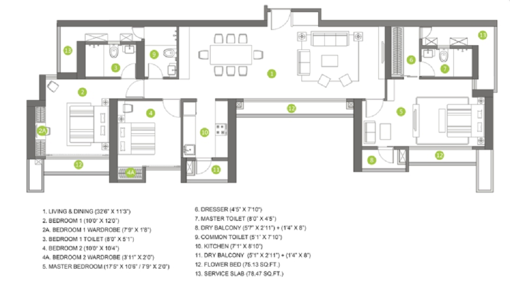 3 BHK+3T 1181/sqft-carpet Sqft Apartment For Sale In Shapoorji Northern Lights In Thane Floor Plan