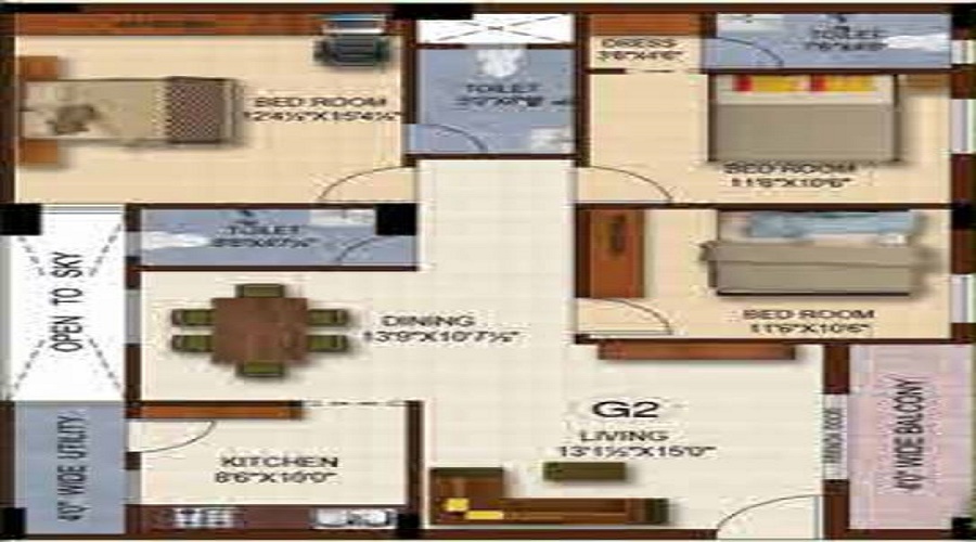2 BHK+2T 1479/sqft-saleable  Sqft Apartment For Sale In Pavani Aqua In Kondapur Floor Plan