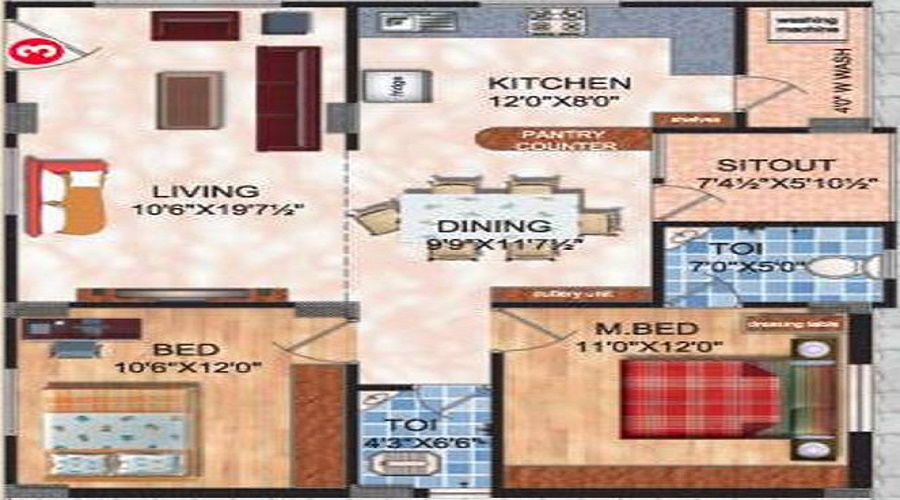 2 BHK+2T 1240/sqft-saleable  Sqft Apartment For Sale In Sri Sai Balaji Classic Meadows In Kondapur Floor Plan