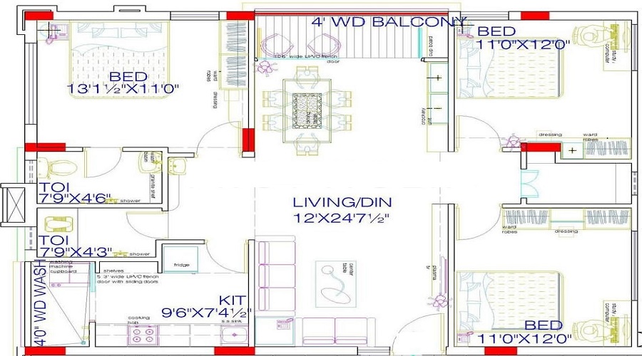 2 BHK+2T 1036/sqft-saleable  Sqft Apartment For Sale In Connoisseur Riviera In Manikonda Floor Plan