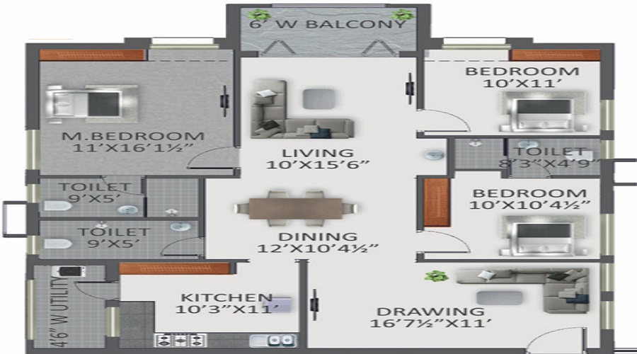 2 BHK+2T 1075/sqft-saleable  Sqft Apartment For Sale In Green Mark Galaxy In Kondapur Floor Plan