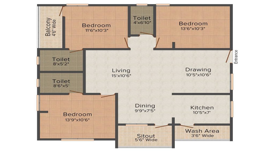 2 BHK+2T 850/sqft-saleable  Sqft Apartment For Sale In Shreya Elegance In Manikonda Floor Plan