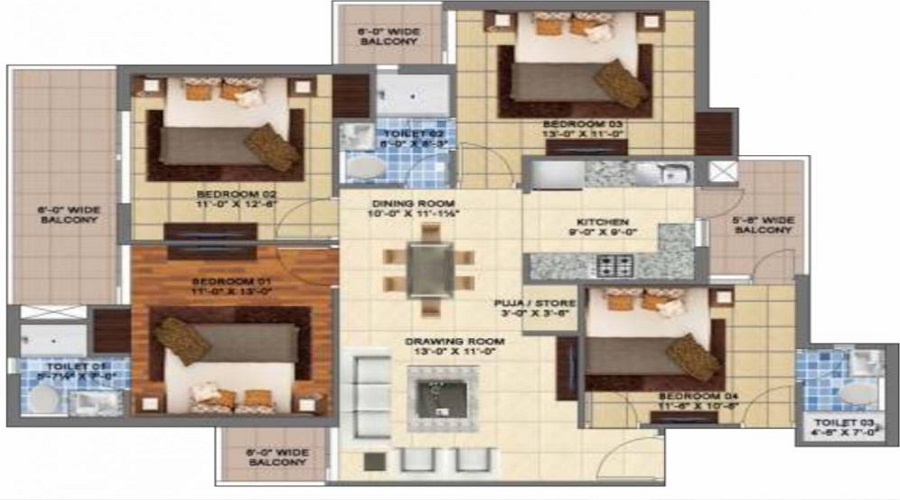 3 BHK+3T 901/sqft-saleable  Sqft Apartment For Sale In Mona City Homes In Sector 116 Floor Plan