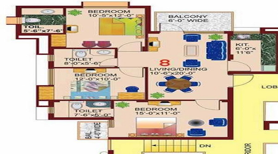 3 BHK+3T 1376/sqft-carpet Sqft Apartment For Sale In Eros Wimbley Estate In Sector 49 Floor Plan
