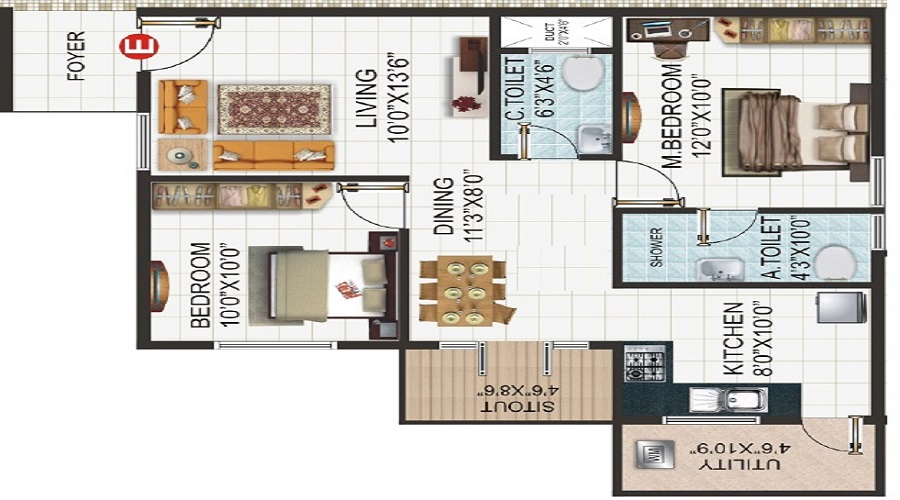 1 BHK+1T 625/sqft-saleable Sqft Apartment For Sale In MR Shine Woods In Begur Floor Plan