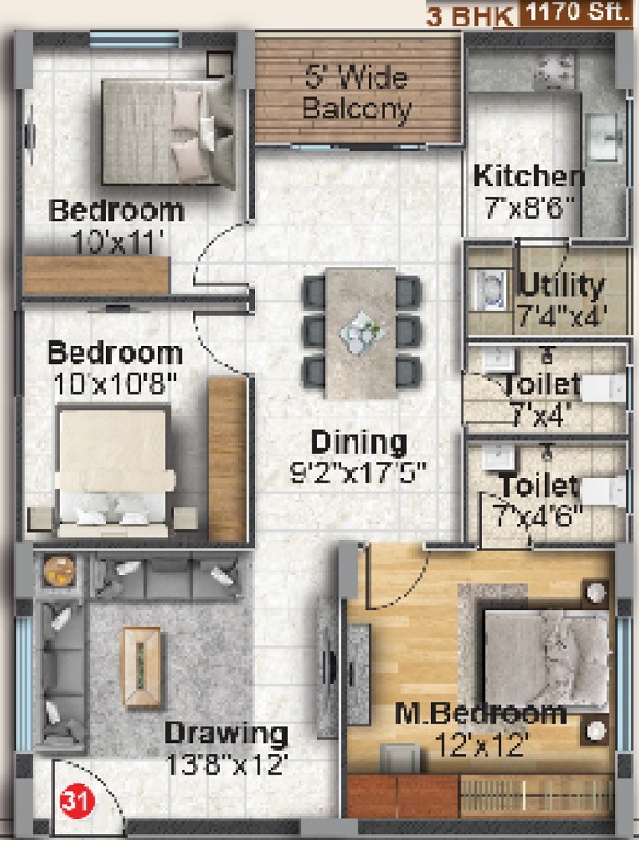 2 BHK+2T 1177/sqft-saleable  Sqft Apartment For Sale In Dinesh Auric In Bachupally Floor Plan