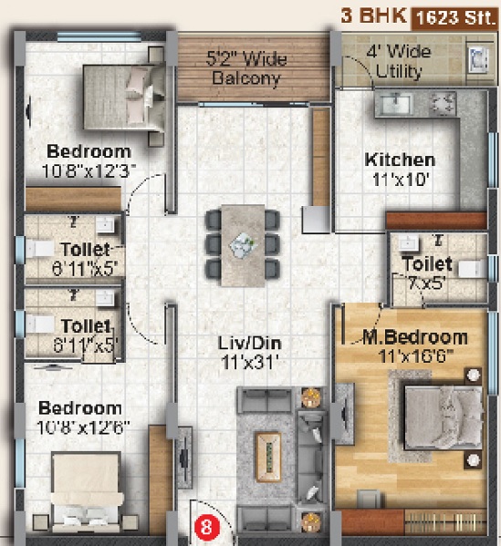 2 BHK+2T 1177/sqft-saleable  Sqft Apartment For Sale In Dinesh Auric In Bachupally Floor Plan