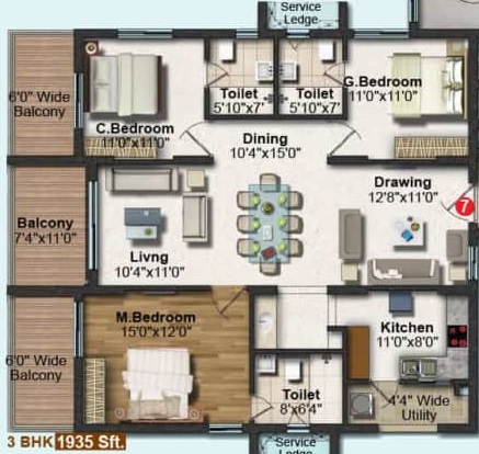 2 BHK+2T 1345/sqft-saleable  Sqft Apartment For Sale In Frontline Seven In Kokapet Floor Plan
