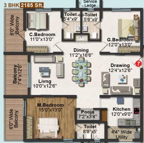 2 BHK+2T 1345/sqft-saleable  Sqft Apartment For Sale In Frontline Seven In Kokapet Floor Plan