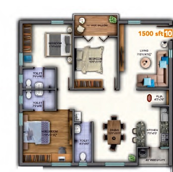 2 BHK+2T 1220/sqft-saleable  Sqft Apartment For Sale In Sunyuga Vista In Kompally Floor Plan