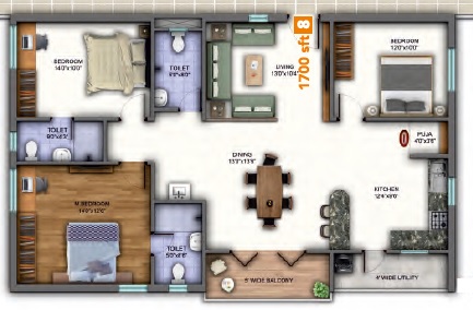 2 BHK+2T 1220/sqft-saleable  Sqft Apartment For Sale In Sunyuga Vista In Kompally Floor Plan