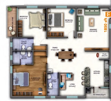 2 BHK+2T 1220/sqft-saleable  Sqft Apartment For Sale In Sunyuga Vista In Kompally Floor Plan