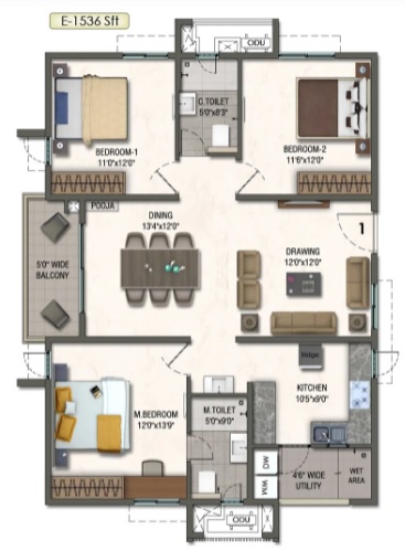 2 BHK+2T 1362/sqft-saleable  Sqft Apartment For Sale In Aparna Kanopy Yellow Bells In Kompally Floor Plan