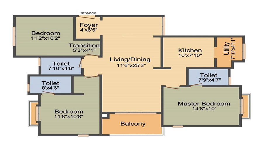 2 BHK+2T 1195/sqft-saleable Sqft Apartment For Sale In Countryside Raindance In Electronic City Phase 1 Floor Plan