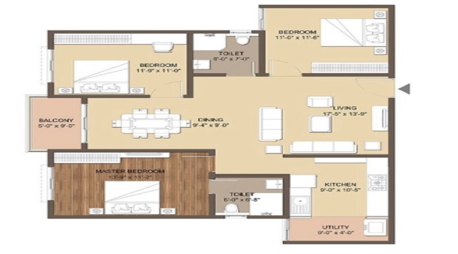 2 BHK+2T 1150/sqft-saleable  Sqft Apartment For Sale In GM Global Techies Town Tower B In Electronic City Phase 1 Floor Plan