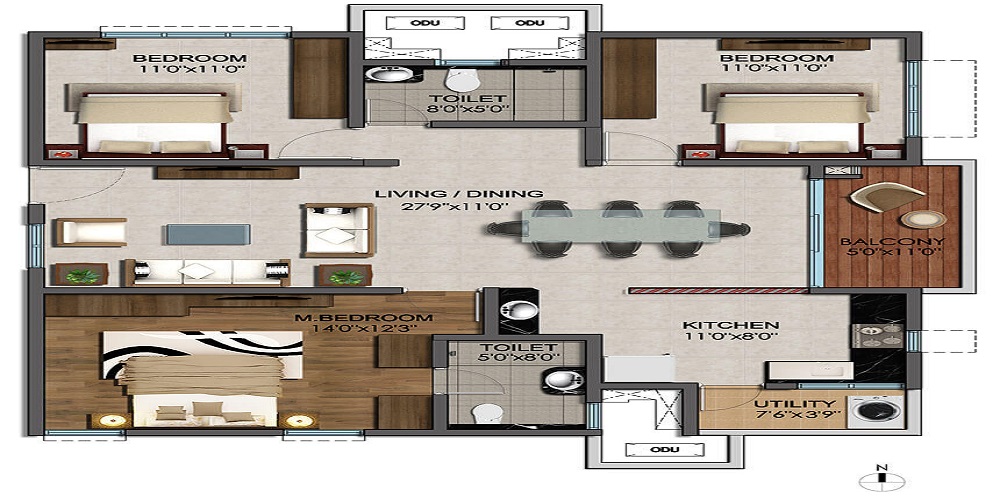 2 BHK+2T 1165/sqft-saleable Sqft Apartment For Sale In Renowned Lotus Parkk Greens In Surajpur Floor Plan