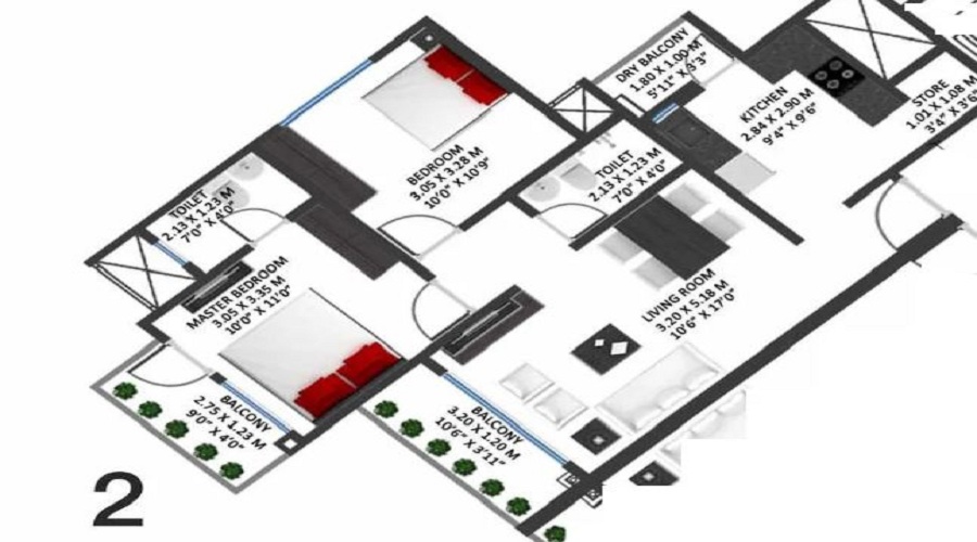2 BHK+2T 1150/sqft-saleable  Sqft Apartment For Sale In Godrej Garden City Carmel In Jagatpur Floor Plan
