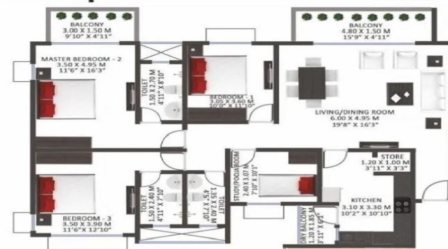 2 BHK+2T 1150/sqft-saleable  Sqft Apartment For Sale In Godrej Garden City Carmel In Jagatpur Floor Plan