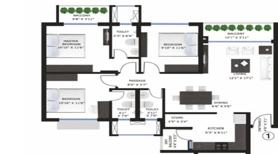 2 BHK+2T 1150/sqft-saleable  Sqft Apartment For Sale In Godrej Garden City Carmel In Jagatpur Floor Plan