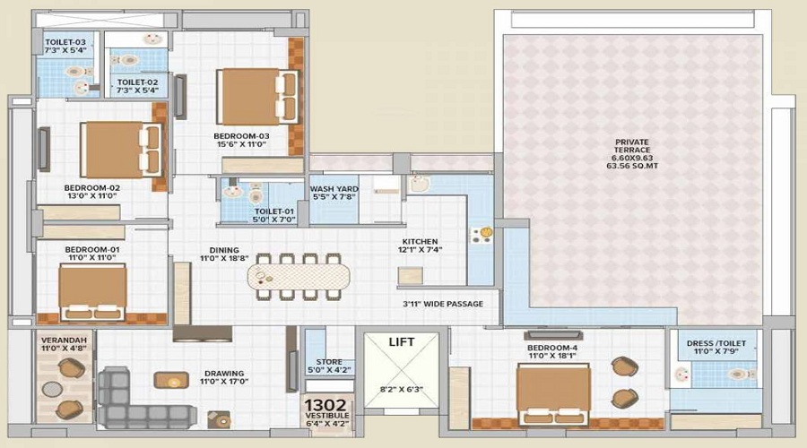 3 BHK+3T 1057/sqft-carpet Sqft Apartment For Sale In New The August In Bhadaj Floor Plan